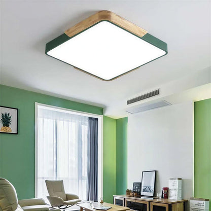 Square Flush Mount Ceiling Light Wood-Accented Trim LED